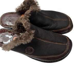 Born Dark Brown Leather Shearling-Lined Slip-On Clog